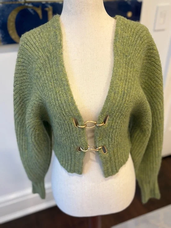 Cult Gaia Olive Green Hook-Front Ribbed Cardigan - Picture 5 of 10